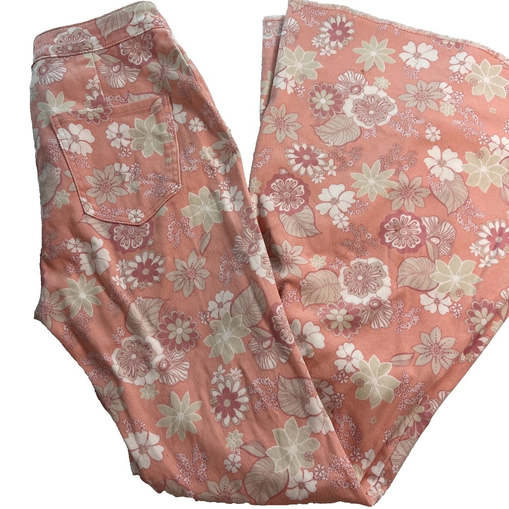 Altar'd State Women's Pants Size 8 Pink Floral Wide Bell Bottoms W26 L33.5